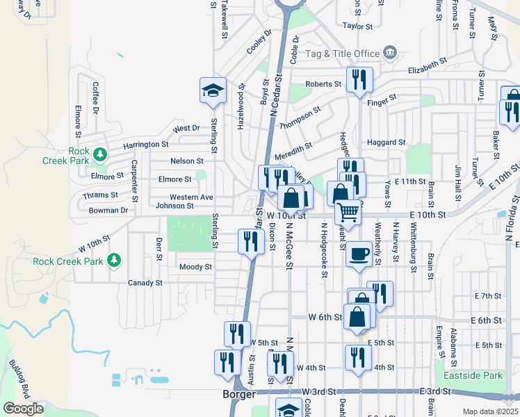 map of restaurants, bars, coffee shops, grocery stores, and more near North Cedar Street in Borger