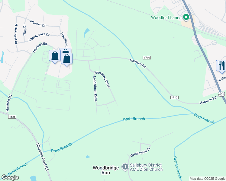 map of restaurants, bars, coffee shops, grocery stores, and more near 433 Wendover Drive in Salisbury