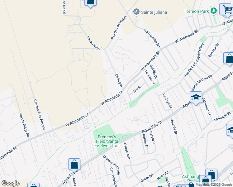map of restaurants, bars, coffee shops, grocery stores, and more near 2191 West Alameda Street in Santa Fe