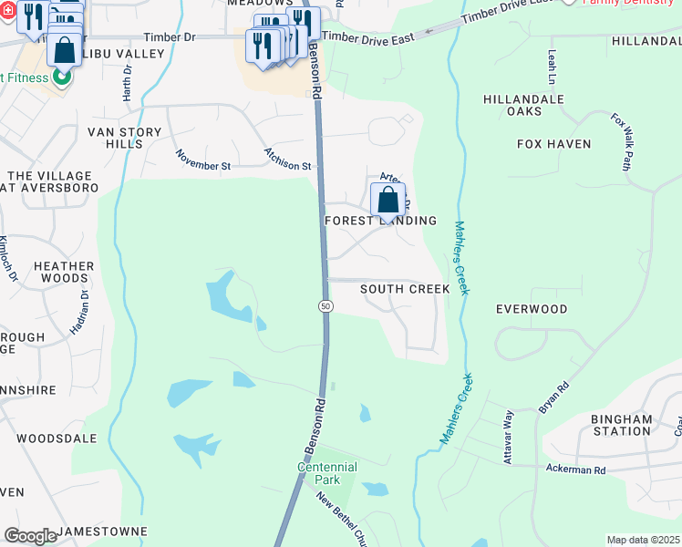 map of restaurants, bars, coffee shops, grocery stores, and more near 105 Foxbury Drive in Garner