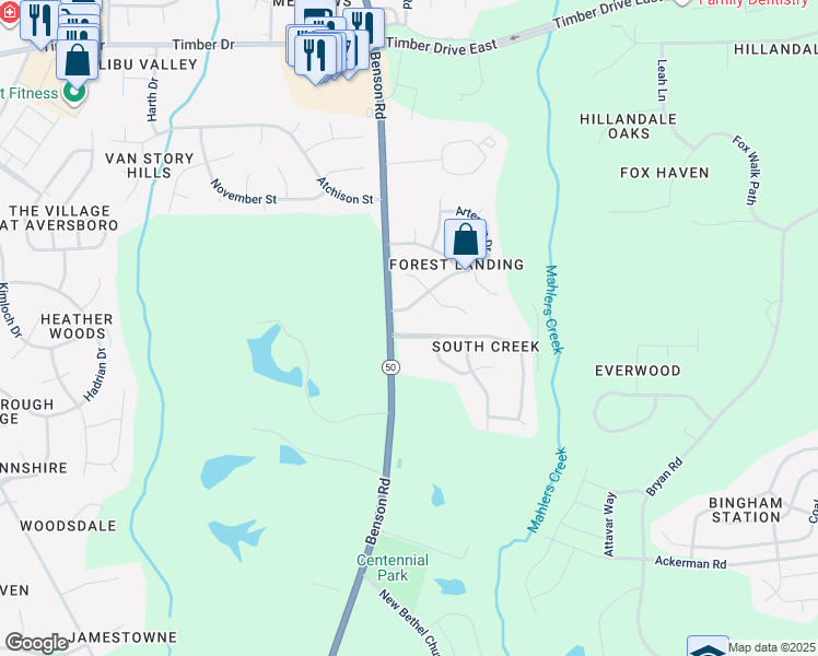 map of restaurants, bars, coffee shops, grocery stores, and more near 105 Foxbury Drive in Garner