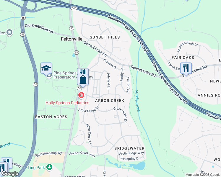 map of restaurants, bars, coffee shops, grocery stores, and more near 112 Adefield Lane in Holly Springs