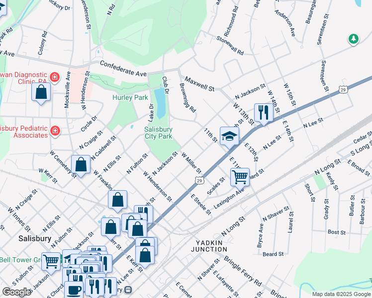 map of restaurants, bars, coffee shops, grocery stores, and more near 1009 North Jackson Street in Salisbury