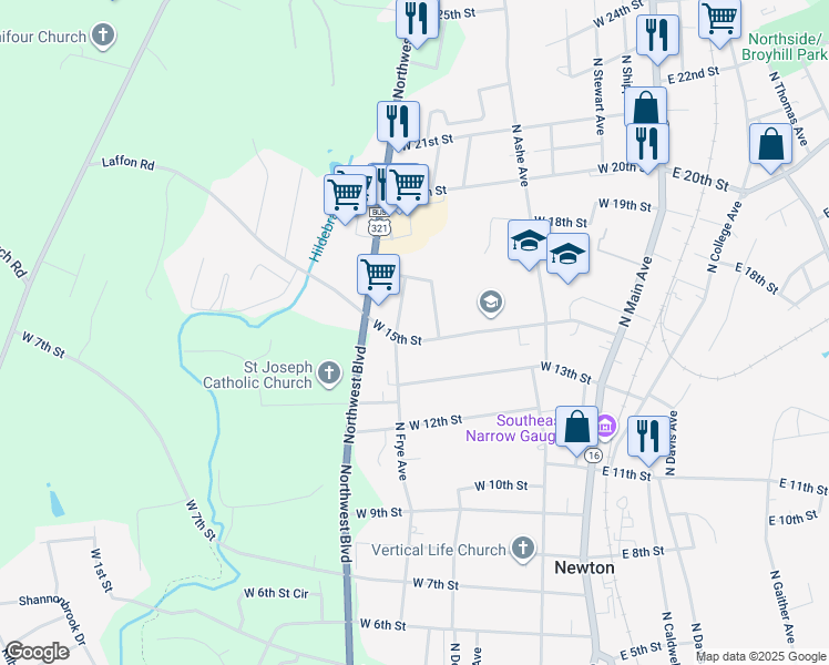 map of restaurants, bars, coffee shops, grocery stores, and more near 526 West 15th Street in Newton