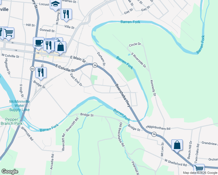 map of restaurants, bars, coffee shops, grocery stores, and more near 223 East End Drive in McMinnville