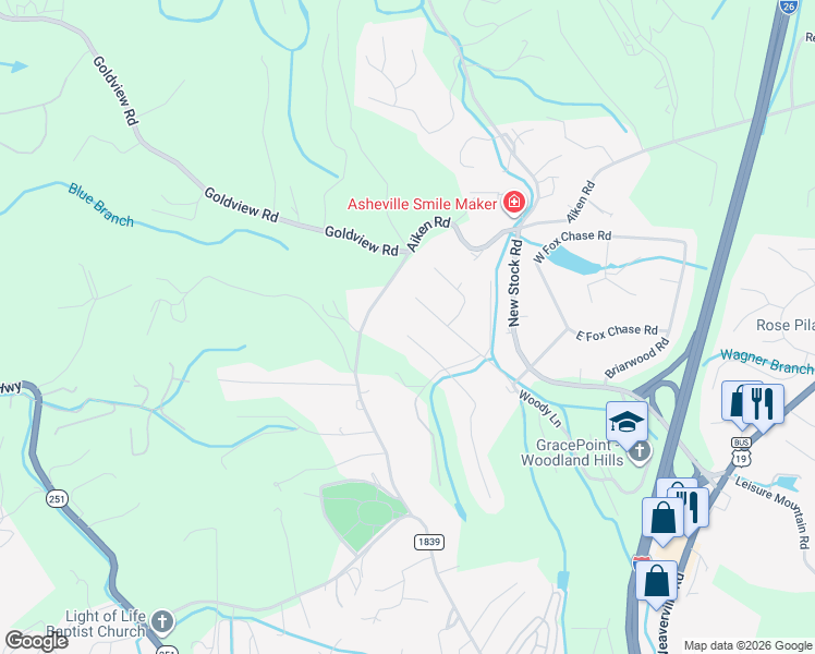 map of restaurants, bars, coffee shops, grocery stores, and more near 219 Wildflower Road in Asheville