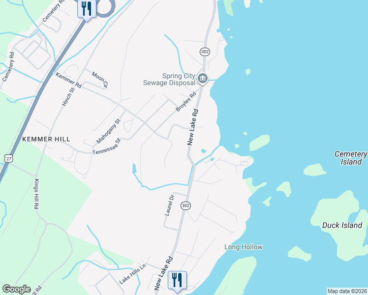 map of restaurants, bars, coffee shops, grocery stores, and more near 1334 New Lake Road in Spring City