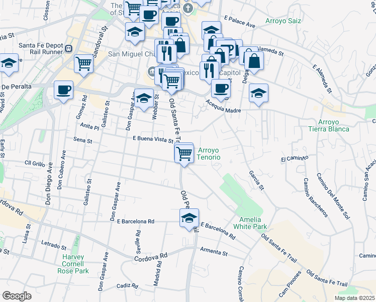 map of restaurants, bars, coffee shops, grocery stores, and more near 414 Camino De Las Animas in Santa Fe