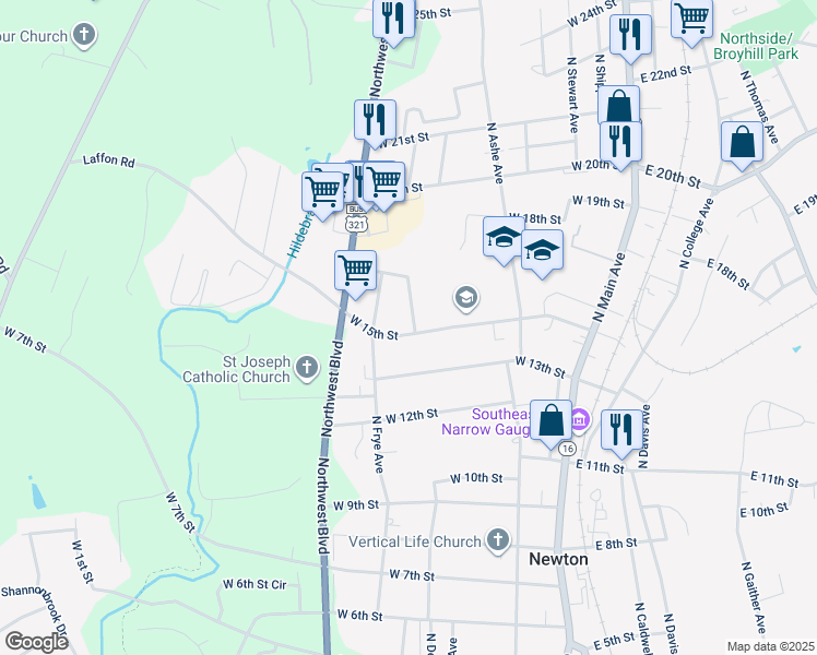 map of restaurants, bars, coffee shops, grocery stores, and more near 506 West 15th Street in Newton