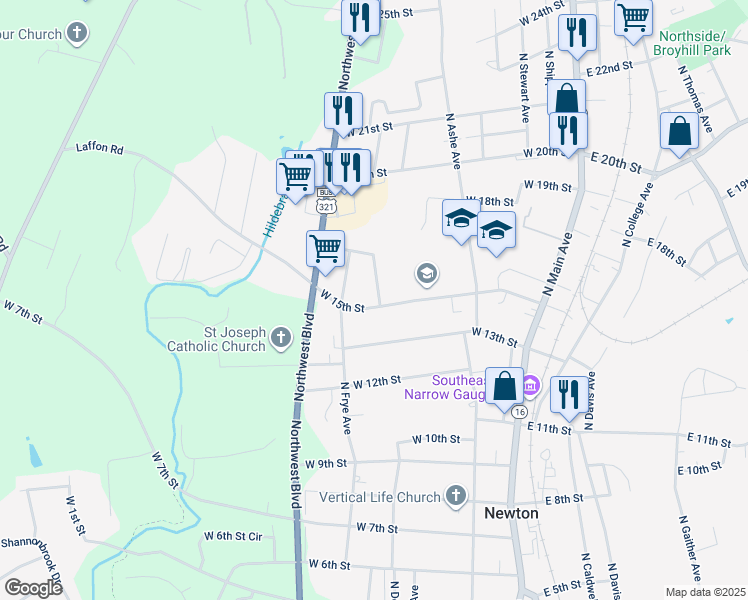 map of restaurants, bars, coffee shops, grocery stores, and more near 506 West 15th Street in Newton