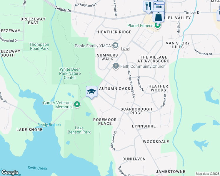 map of restaurants, bars, coffee shops, grocery stores, and more near 116 Oldefield Lane in Garner