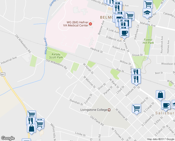 map of restaurants, bars, coffee shops, grocery stores, and more near 1509 West Horah Street in Salisbury
