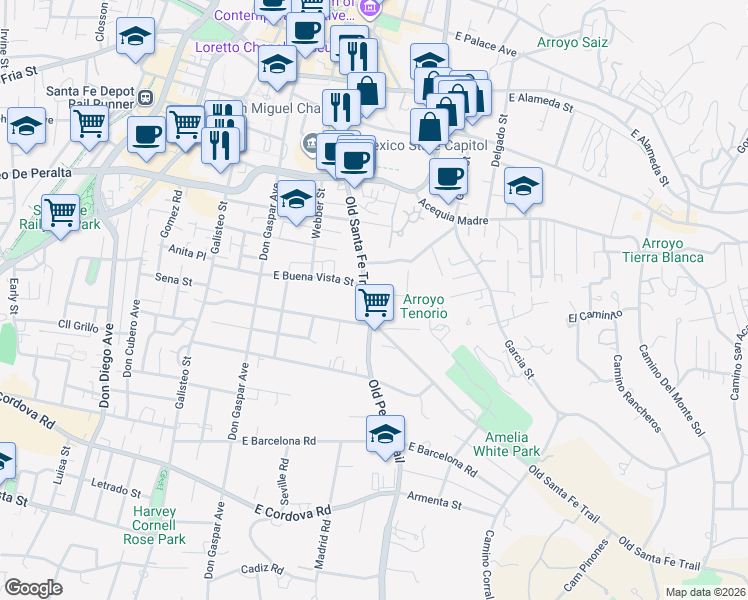 map of restaurants, bars, coffee shops, grocery stores, and more near 707 Old Santa Fe Trail in Santa Fe