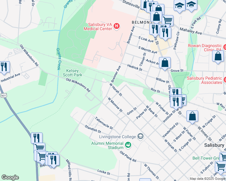 map of restaurants, bars, coffee shops, grocery stores, and more near 1509 West Horah Street in Salisbury