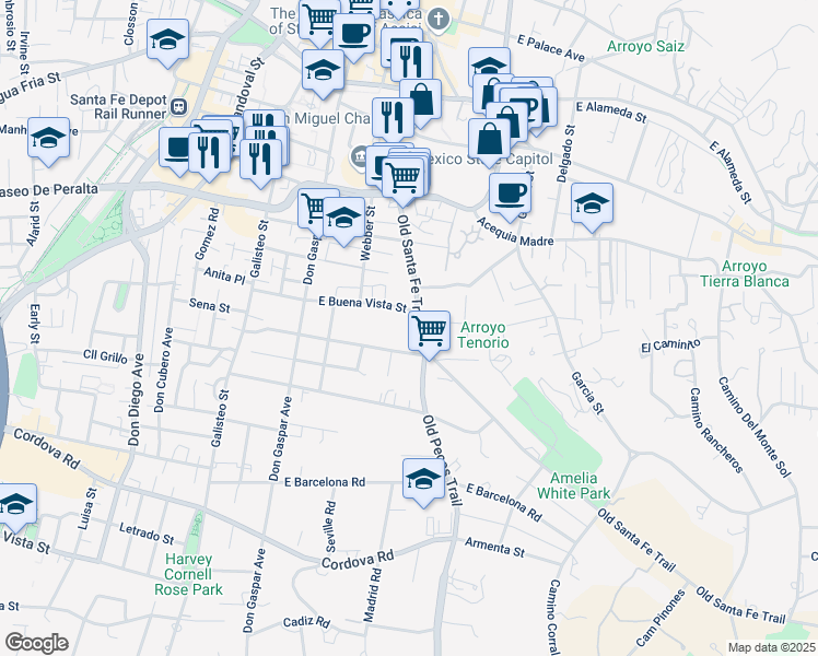 map of restaurants, bars, coffee shops, grocery stores, and more near 342 East Buena Vista Street in Santa Fe