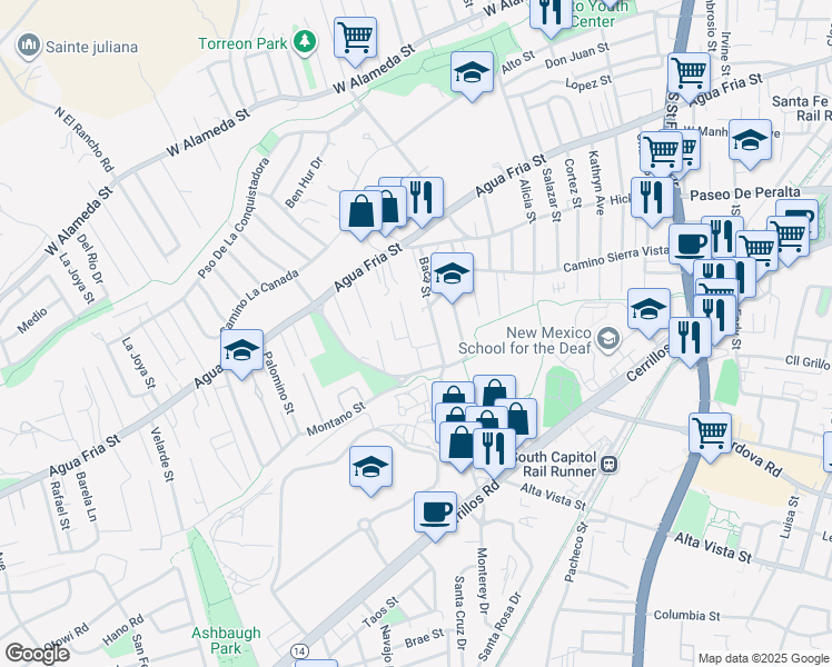 map of restaurants, bars, coffee shops, grocery stores, and more near 714 Baca Street in Santa Fe