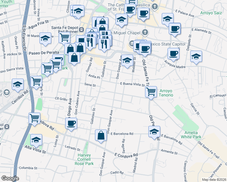 map of restaurants, bars, coffee shops, grocery stores, and more near 728 Don Gaspar Avenue in Santa Fe
