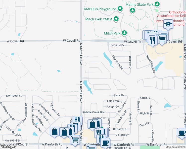 map of restaurants, bars, coffee shops, grocery stores, and more near 2108 Cedar Pointe Circle in Edmond
