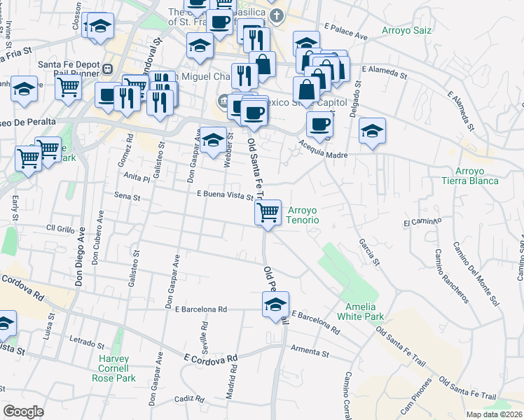 map of restaurants, bars, coffee shops, grocery stores, and more near 342 East Buena Vista Street in Santa Fe