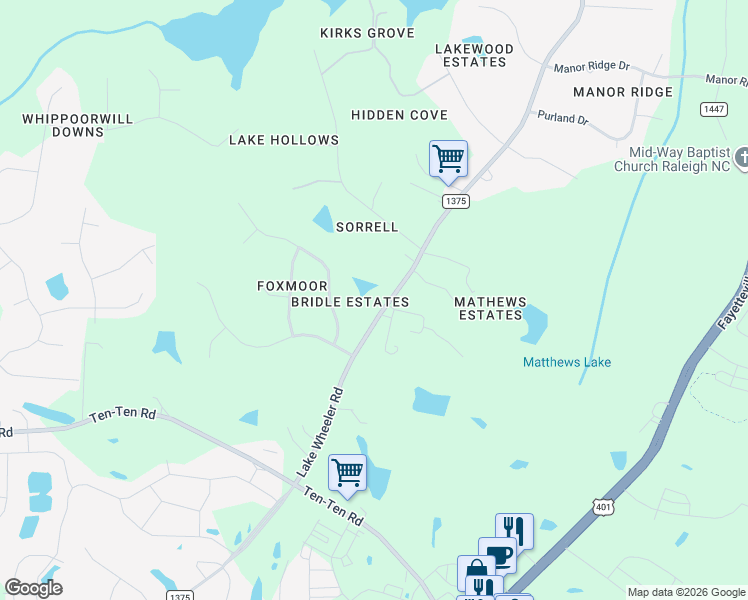 map of restaurants, bars, coffee shops, grocery stores, and more near 7700 Lake Wheeler Road in Raleigh