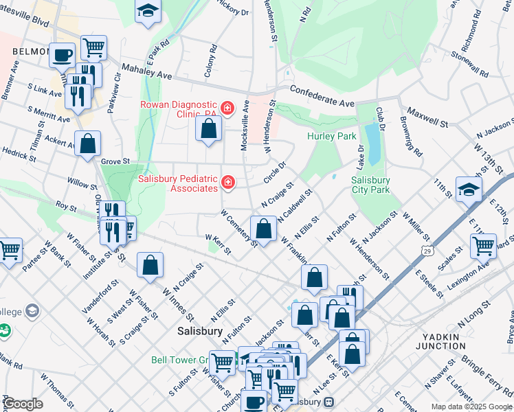 map of restaurants, bars, coffee shops, grocery stores, and more near 210 Mocksville Avenue in Salisbury