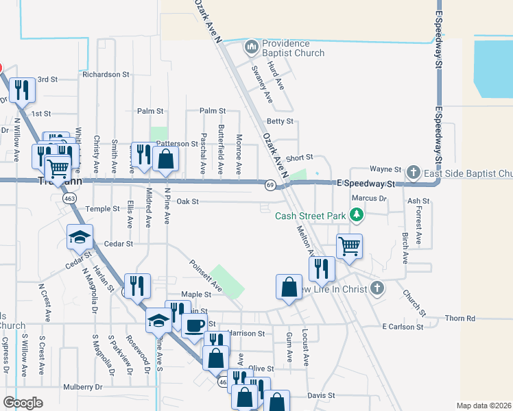 map of restaurants, bars, coffee shops, grocery stores, and more near 197 Oak Street in Trumann