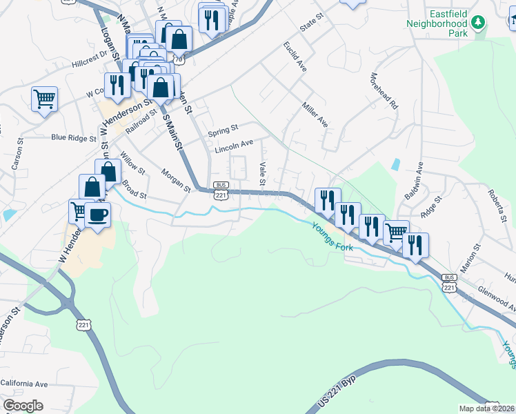 map of restaurants, bars, coffee shops, grocery stores, and more near 654 Rutherford Road in Marion
