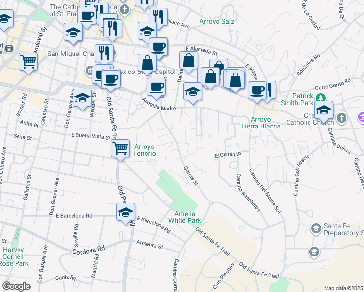 map of restaurants, bars, coffee shops, grocery stores, and more near 613 Garcia Street in Santa Fe