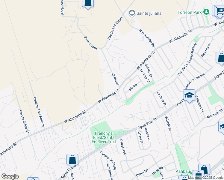 map of restaurants, bars, coffee shops, grocery stores, and more near 2191 West Alameda Street in Santa Fe