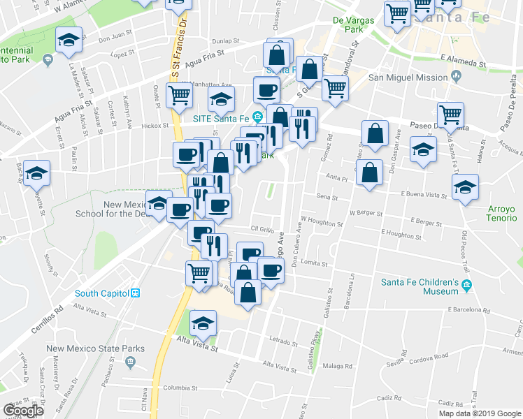 map of restaurants, bars, coffee shops, grocery stores, and more near 525 Calle Lucero in Santa Fe