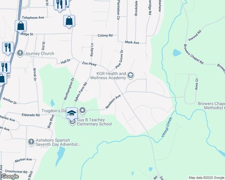 map of restaurants, bars, coffee shops, grocery stores, and more near 563 Halifax Street in Asheboro