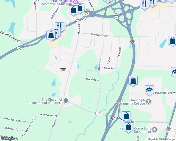map of restaurants, bars, coffee shops, grocery stores, and more near 633 West Mine Street in Asheboro