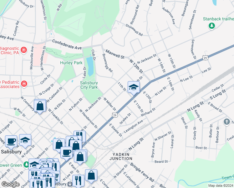map of restaurants, bars, coffee shops, grocery stores, and more near 210 West 10th Street in Salisbury
