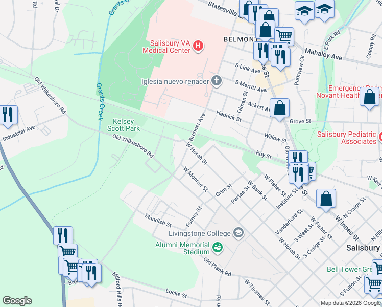 map of restaurants, bars, coffee shops, grocery stores, and more near 1509 West Horah Street in Salisbury