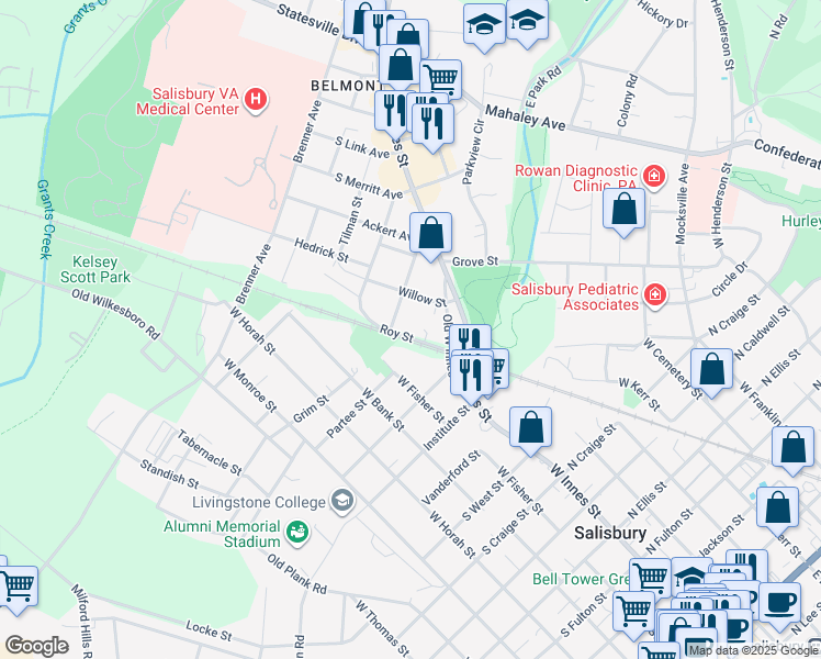 map of restaurants, bars, coffee shops, grocery stores, and more near 212 Roy Street in Salisbury