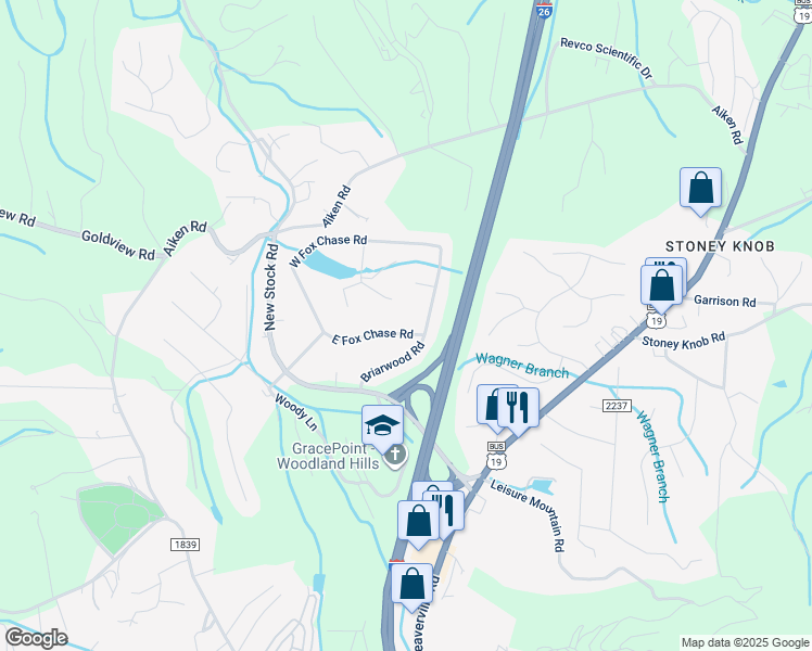 map of restaurants, bars, coffee shops, grocery stores, and more near 7 East Fox Chase Road in Asheville