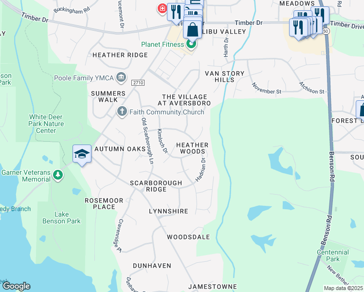 map of restaurants, bars, coffee shops, grocery stores, and more near 105 McNaughton Court in Garner
