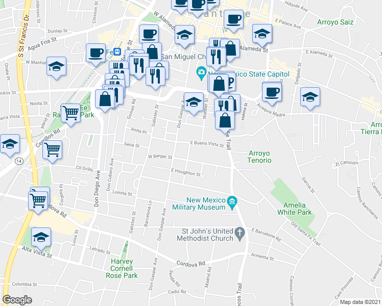 map of restaurants, bars, coffee shops, grocery stores, and more near 719 Gildersleeve Street in Santa Fe