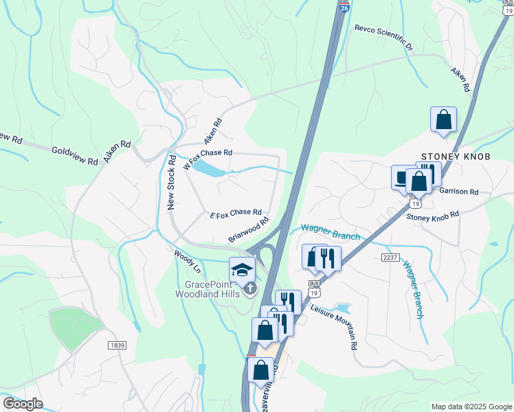 map of restaurants, bars, coffee shops, grocery stores, and more near 7 East Fox Chase Road in Asheville