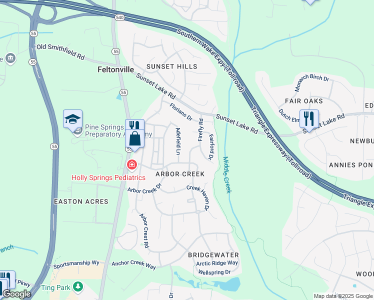 map of restaurants, bars, coffee shops, grocery stores, and more near 517 Arbor Creek Drive in Holly Springs