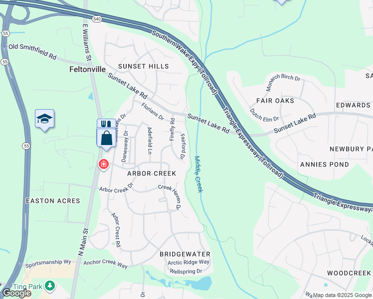 map of restaurants, bars, coffee shops, grocery stores, and more near 112 Fairford Drive in Holly Springs