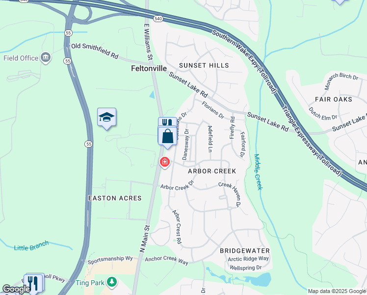 map of restaurants, bars, coffee shops, grocery stores, and more near 133 Danesway Dr in Holly Springs