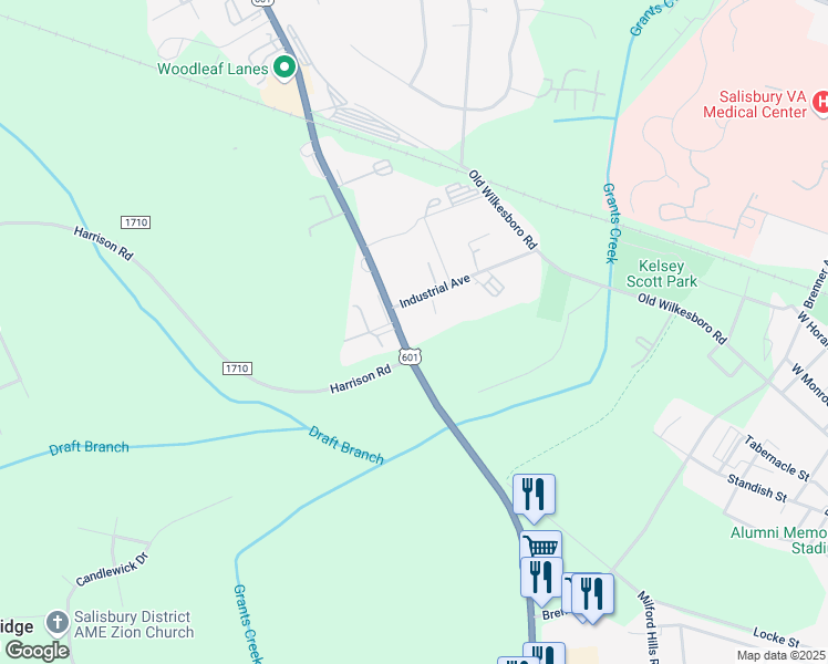 map of restaurants, bars, coffee shops, grocery stores, and more near 1330 Jake Alexander Boulevard West in Salisbury