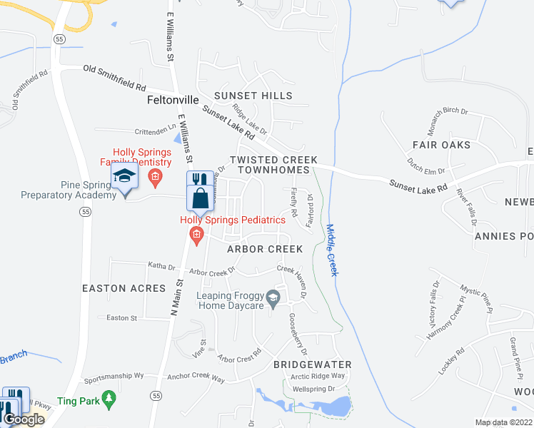 map of restaurants, bars, coffee shops, grocery stores, and more near 204 Adefield Lane in Holly Springs