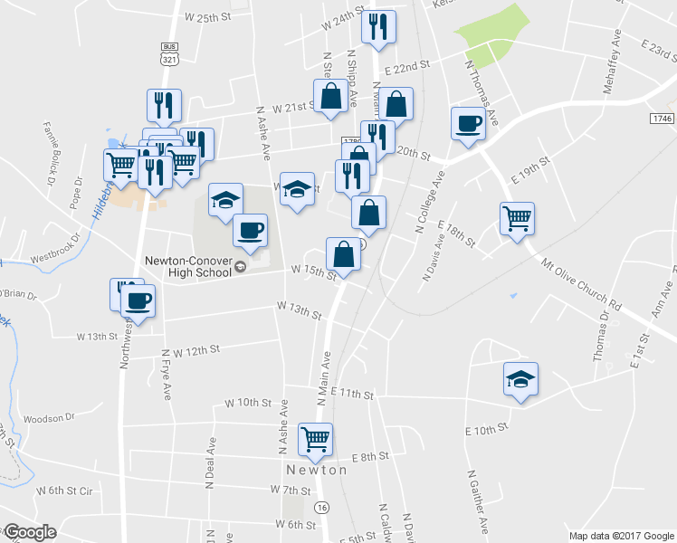 map of restaurants, bars, coffee shops, grocery stores, and more near 108 W 15th St in Newton