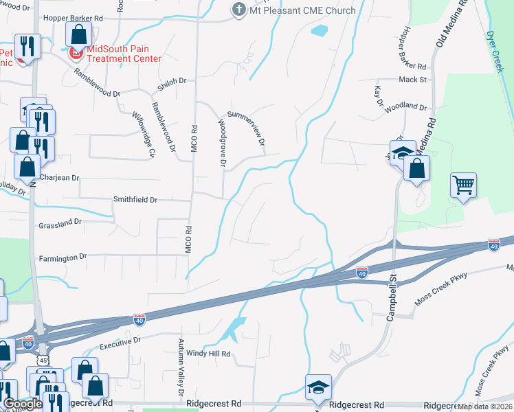 map of restaurants, bars, coffee shops, grocery stores, and more near 73 Raindrop Cove in Jackson