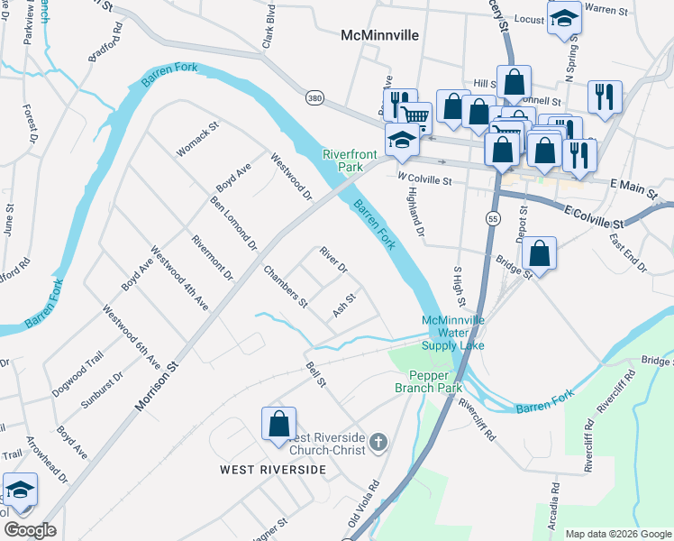 map of restaurants, bars, coffee shops, grocery stores, and more near 218 River Drive in McMinnville