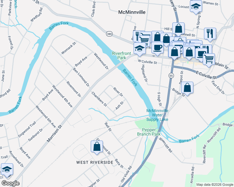 map of restaurants, bars, coffee shops, grocery stores, and more near 218 River Drive in McMinnville