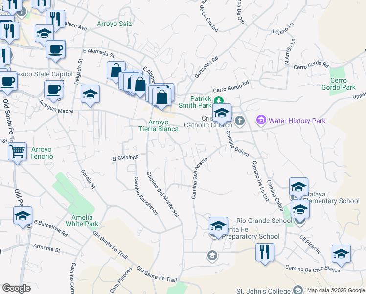 map of restaurants, bars, coffee shops, grocery stores, and more near 453 Camino Don Miguel in Santa Fe