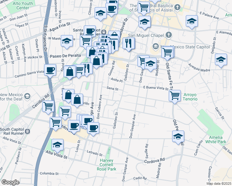 map of restaurants, bars, coffee shops, grocery stores, and more near 811 Allendale Street in Santa Fe